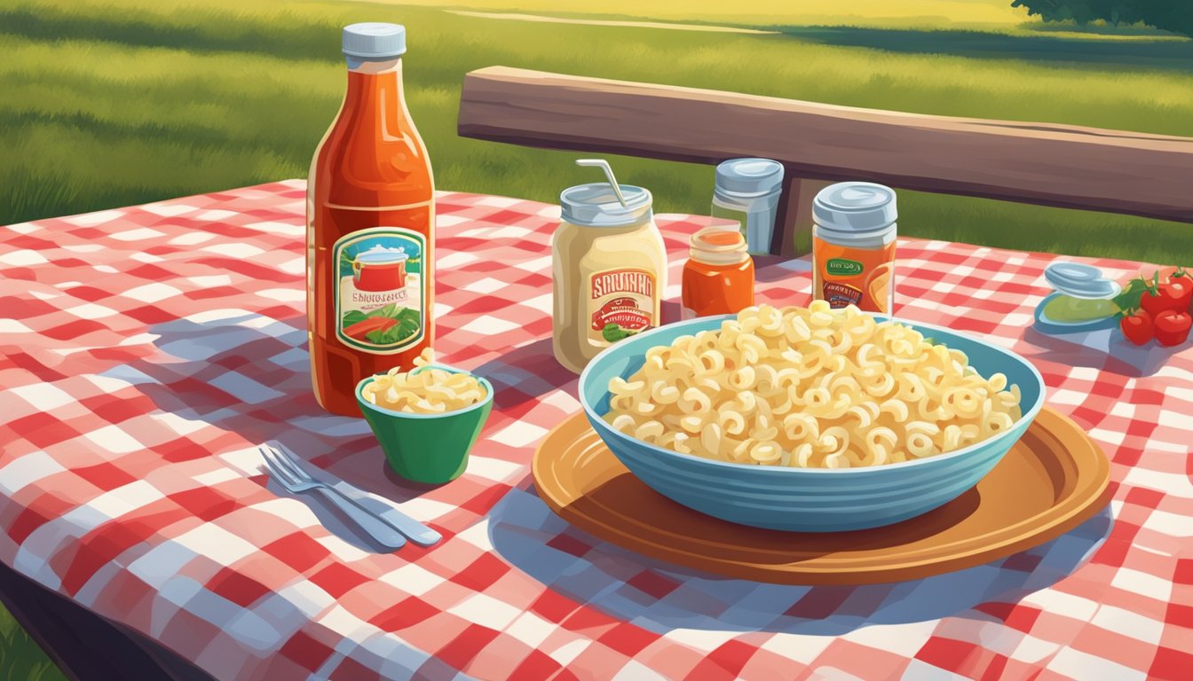 A picnic table set with a red checkered tablecloth, a bowl of creamy macaroni salad, and a bottle of hot sauce on a sunny day in Texas