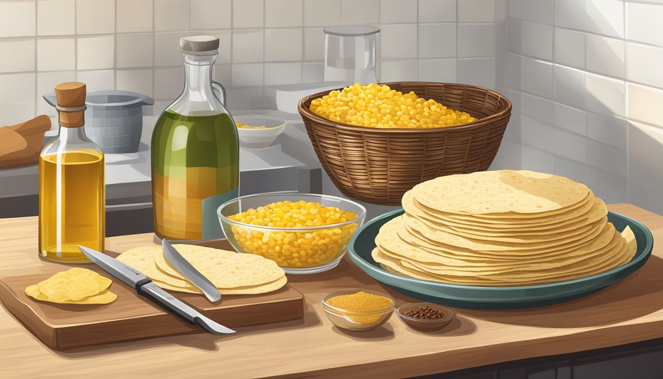 A kitchen counter with a basket of fresh corn tortillas, a cutting board, a knife, and a bowl of oil and spices