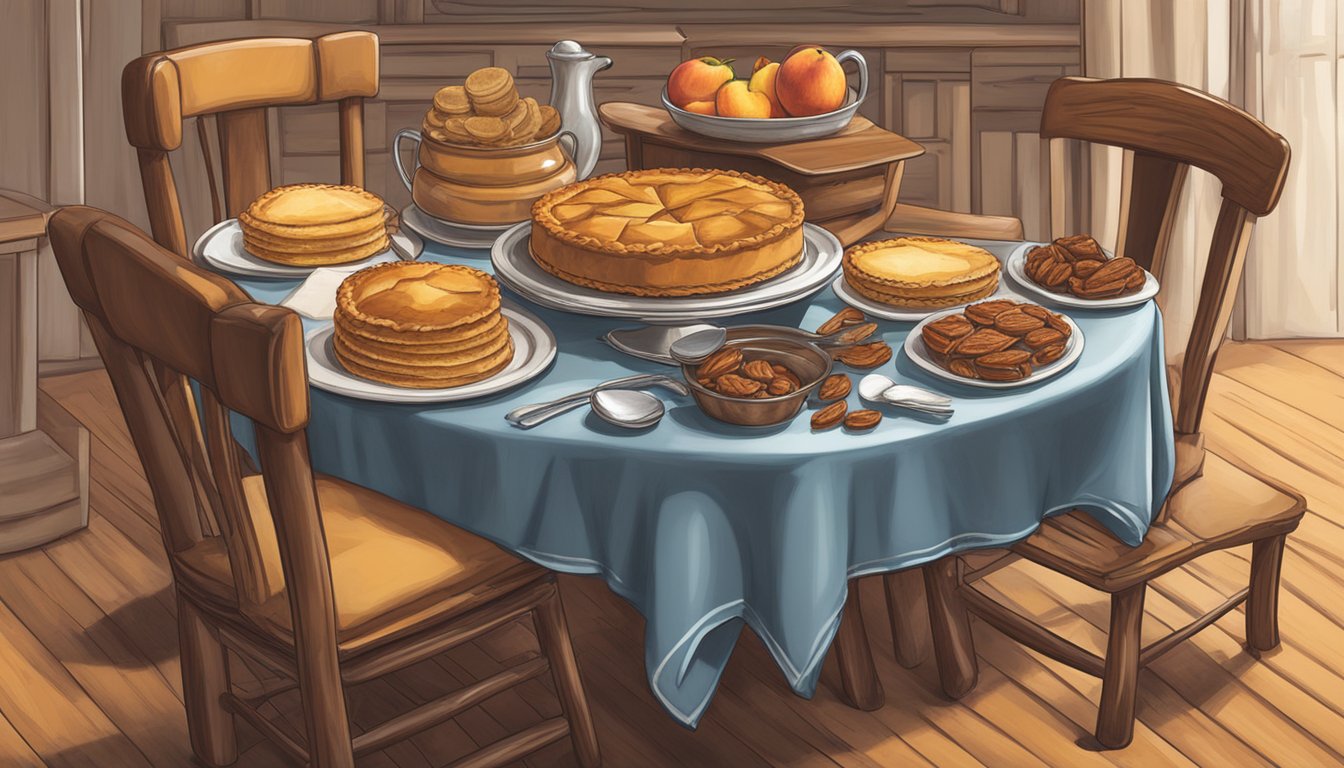 A table set with a spread of Texan desserts, including pecan pie, peach cobbler, and fried apple pie, with a cowboy hat hanging on the back of a chair