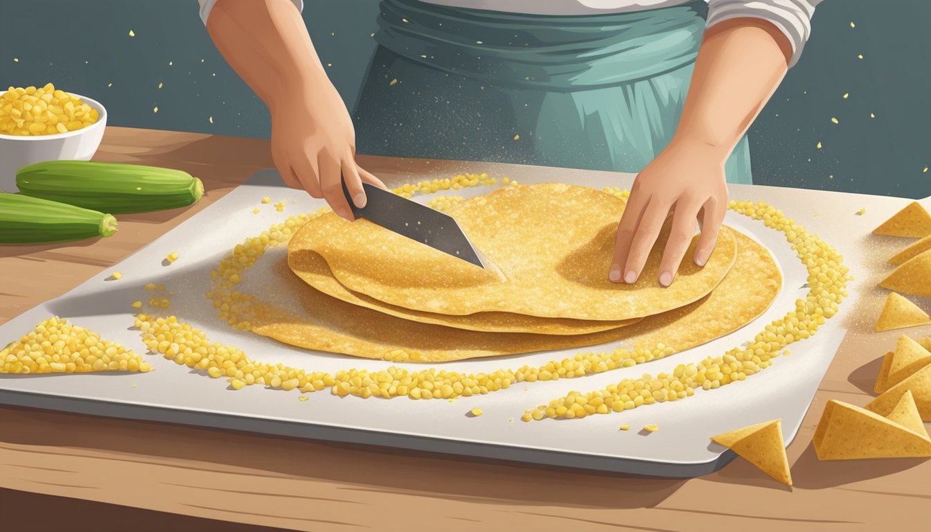 A person is cutting corn tortillas into triangles, placing them on a baking sheet, and sprinkling them with salt before baking