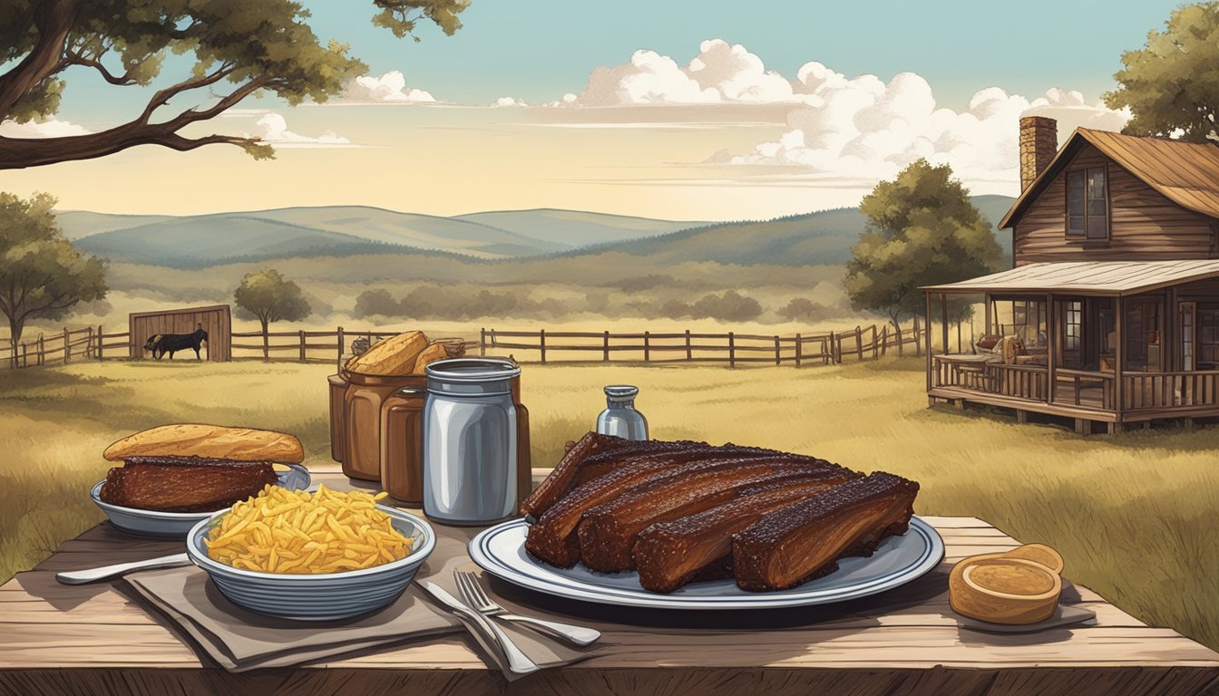 A table set with a spread of BBQ ribs, cornbread, and coleslaw, surrounded by a rustic Texas ranch landscape