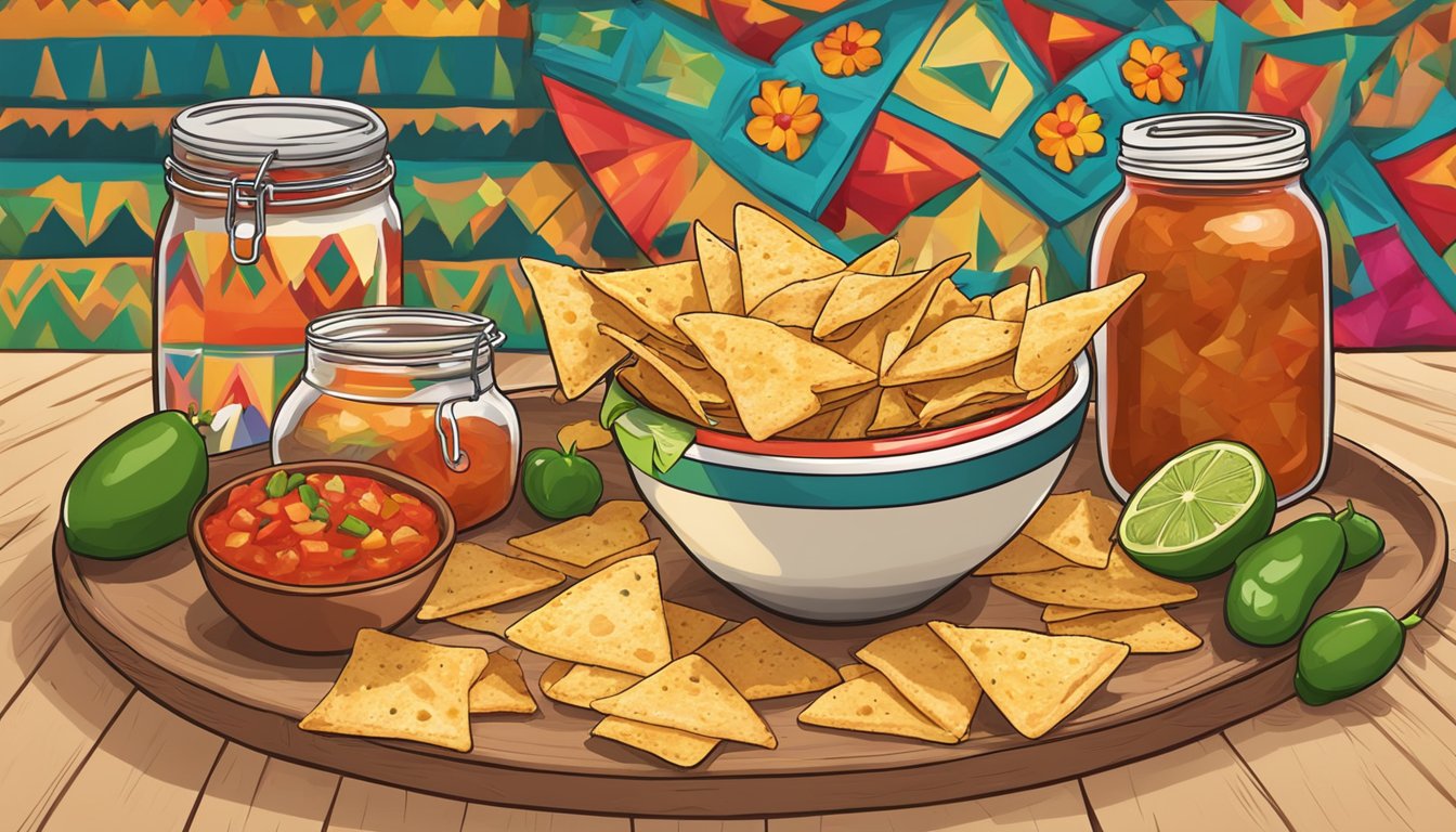 A bowl of freshly fried tortilla chips sits next to a jar of homemade salsa, surrounded by colorful Mexican-inspired decorations