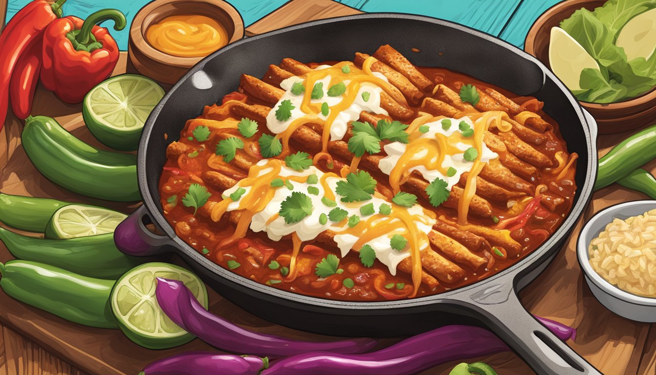 A sizzling skillet of Texas-style chicken enchiladas smothered in rich, red guajillo spiced sauce, surrounded by vibrant peppers and onions