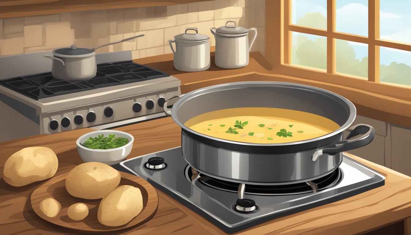 A rustic kitchen with a large pot simmering on a stove, filled with creamy potato soup. A wooden spoon rests on the counter next to a basket of fresh potatoes