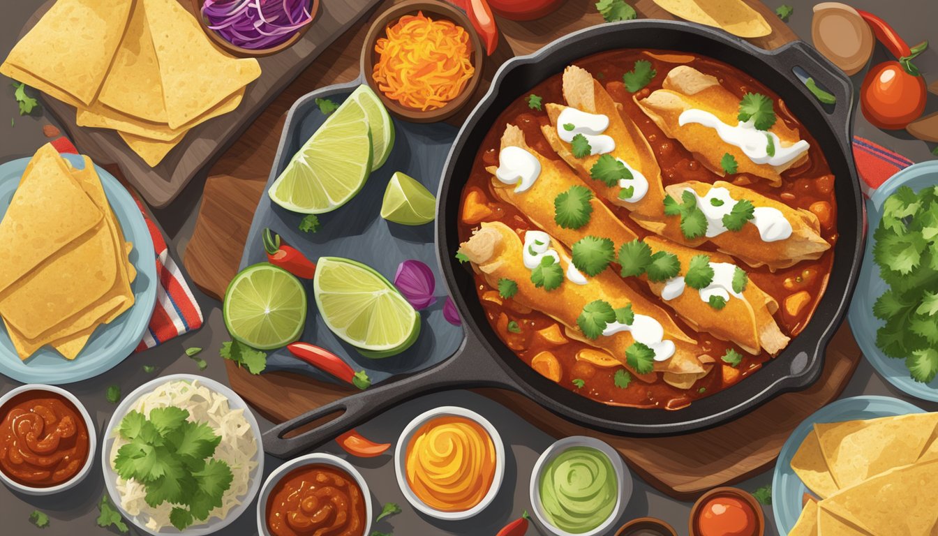 A sizzling skillet of Texas-style chicken enchiladas smothered in guajillo spiced red sauce, surrounded by colorful garnishes and steaming tortillas