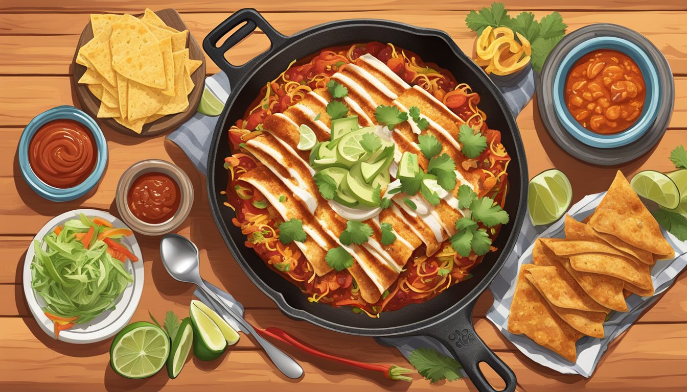 A sizzling skillet of Texas-style chicken enchiladas smothered in guajillo spiced red sauce, surrounded by colorful garnishes and steaming tortillas