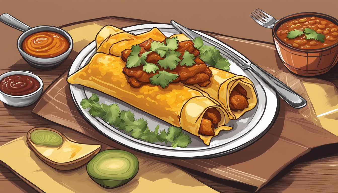 A plate of Texas-style chicken enchiladas with guajillo spiced red sauce, served with sides and accompaniments