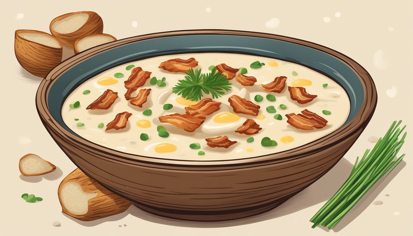 A rustic wooden bowl filled with thick, creamy potato soup, topped with crispy bacon and chives, surrounded by chunks of tender potato and a sprinkle of black pepper