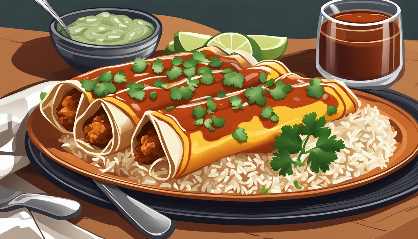 A plate of Texas-style chicken enchiladas smothered in guajillo spiced red sauce, garnished with fresh cilantro and served alongside a side of Mexican rice and refried beans