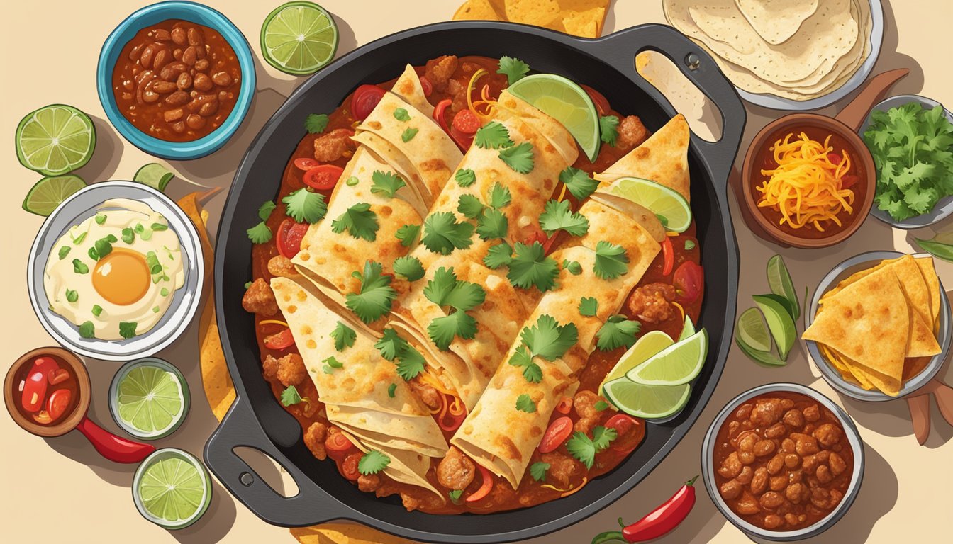 A sizzling skillet of Texas-style chicken enchiladas with guajillo spiced red sauce, surrounded by colorful garnishes and steaming tortillas