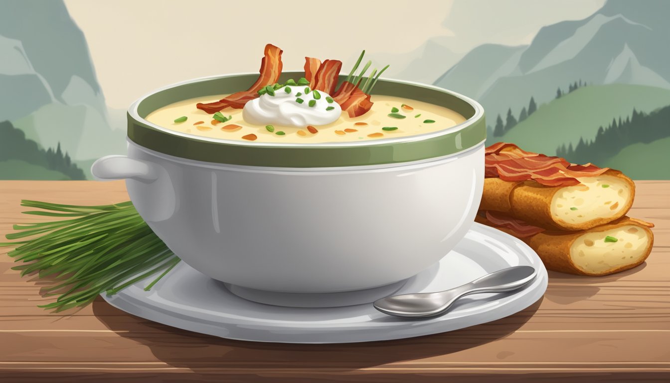 A rustic wooden table set with a steaming bowl of creamy potato soup, topped with crispy bacon, chives, and a dollop of sour cream