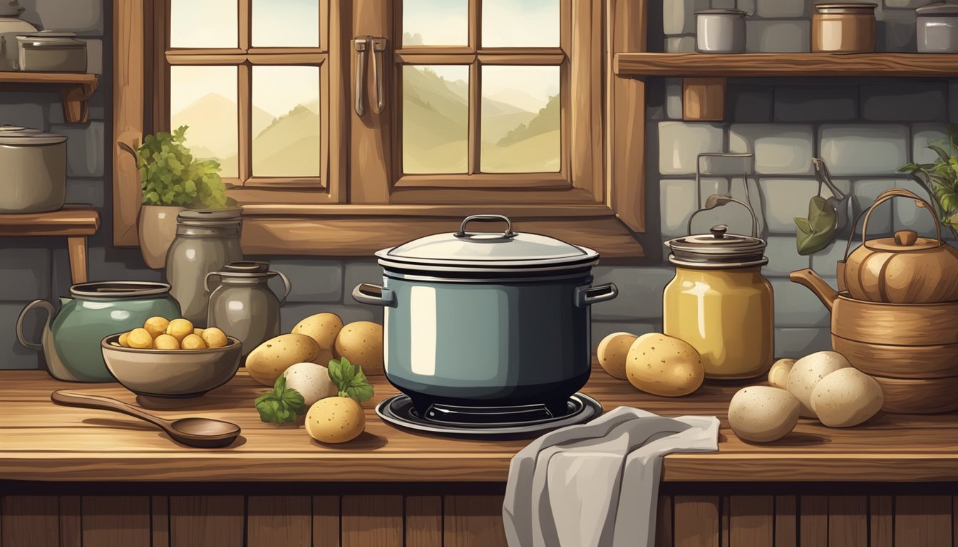 A rustic kitchen with vintage canisters, a wooden spoon, and a pot of creamy potato soup simmering on the stove