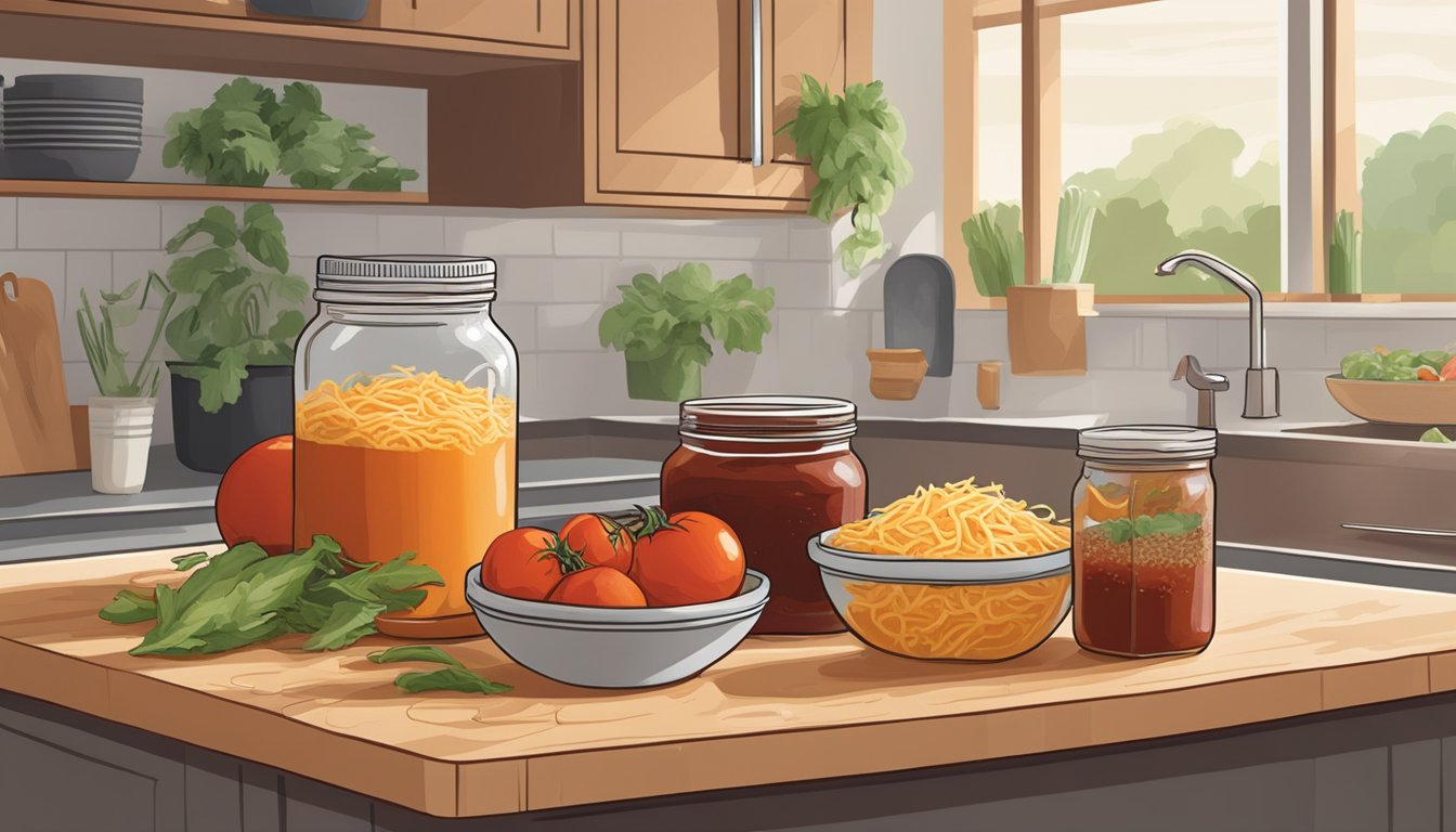 A kitchen counter displays fresh tomatoes, onions, and guajillo peppers next to a jar of store-bought enchilada sauce and pre-shredded cheese