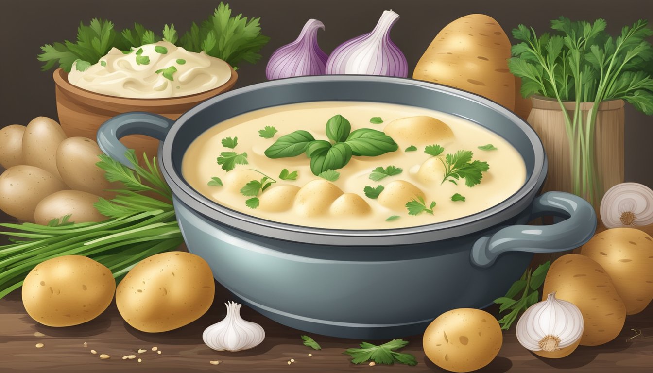 A steaming pot of creamy potato soup surrounded by fresh ingredients like potatoes, onions, garlic, and herbs