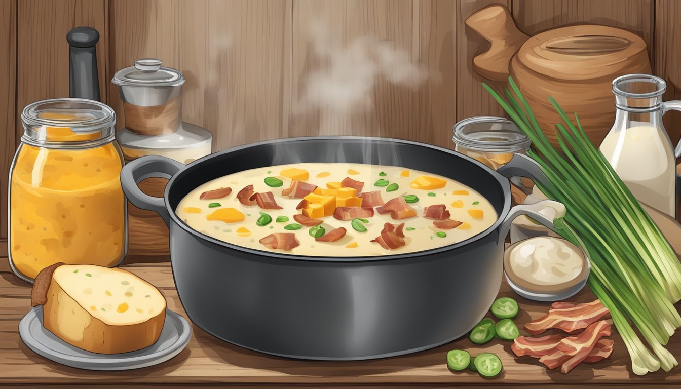 A rustic kitchen with a simmering pot of creamy potato soup surrounded by Texas-style ingredients like bacon, cheddar cheese, and green onions