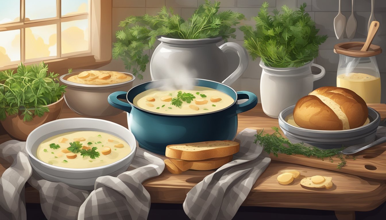 A rustic kitchen with a steaming pot of creamy potato soup surrounded by fresh herbs, bacon, and a loaf of crusty bread