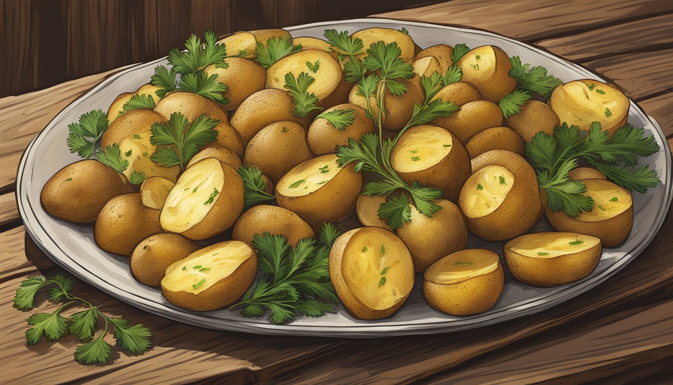 A platter of golden, oven-roasted parsley potatoes, Texas-style, sits on a rustic wooden table, evoking the rich history and significance of this beloved dish