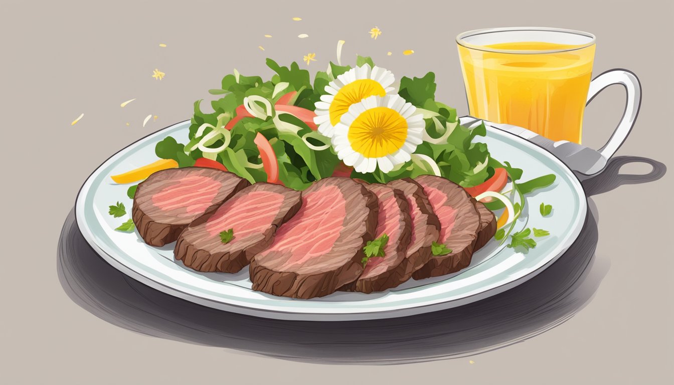 A plate of thinly sliced beef topped with dandelion salad