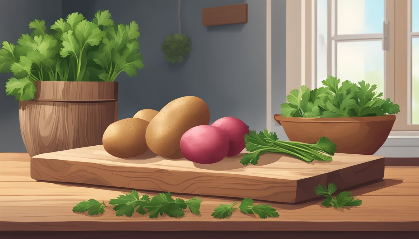 A rustic kitchen with a wooden cutting board, a bunch of fresh parsley, and a pile of red-skinned potatoes