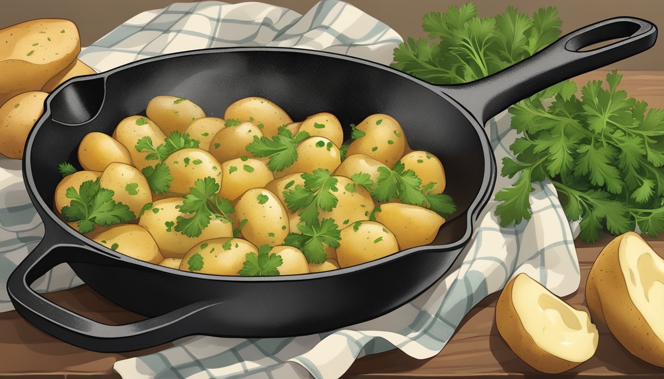 A cast iron skillet filled with sizzling, golden-brown parsley potatoes, surrounded by a scattering of fresh parsley leaves and a drizzle of melted butter