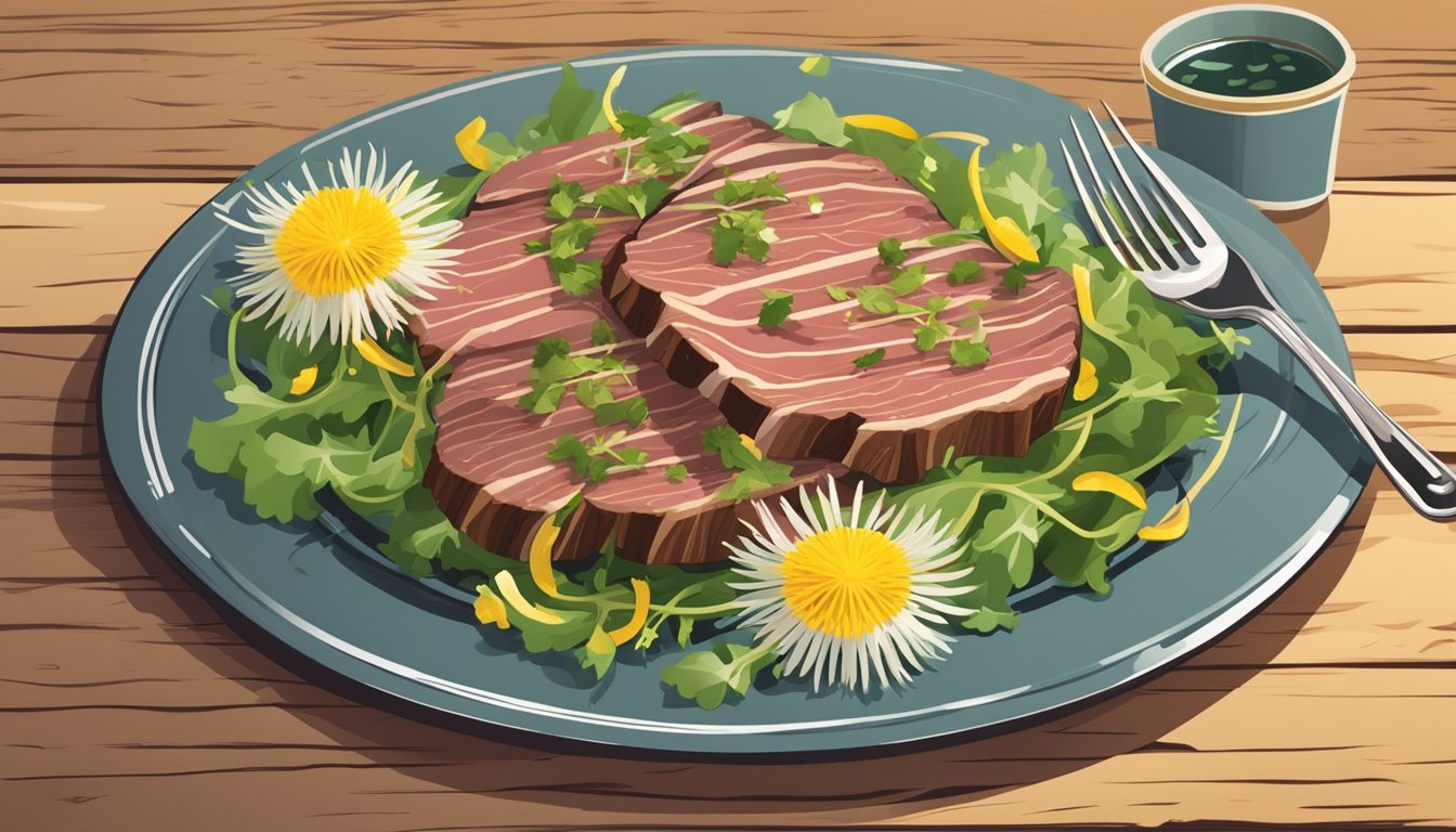 A rustic wooden table with a plate of thinly sliced beef, topped with dandelion salad and drizzled with vinaigrette, surrounded by scattered dandelion flowers