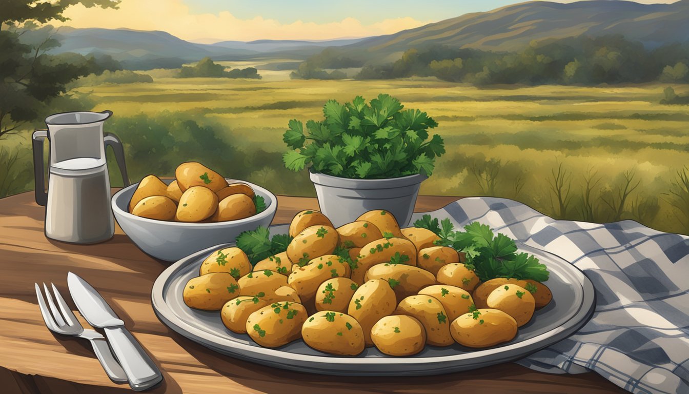 A rustic wooden table with a platter of golden-brown oven-roasted parsley potatoes, garnished with fresh herbs and set against a backdrop of a Texas landscape