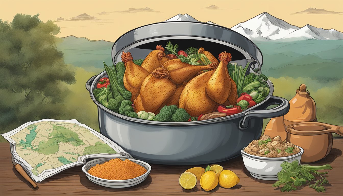 A steaming pot of country captain chicken surrounded by Texas ingredients, with a map of India and South Carolina in the background