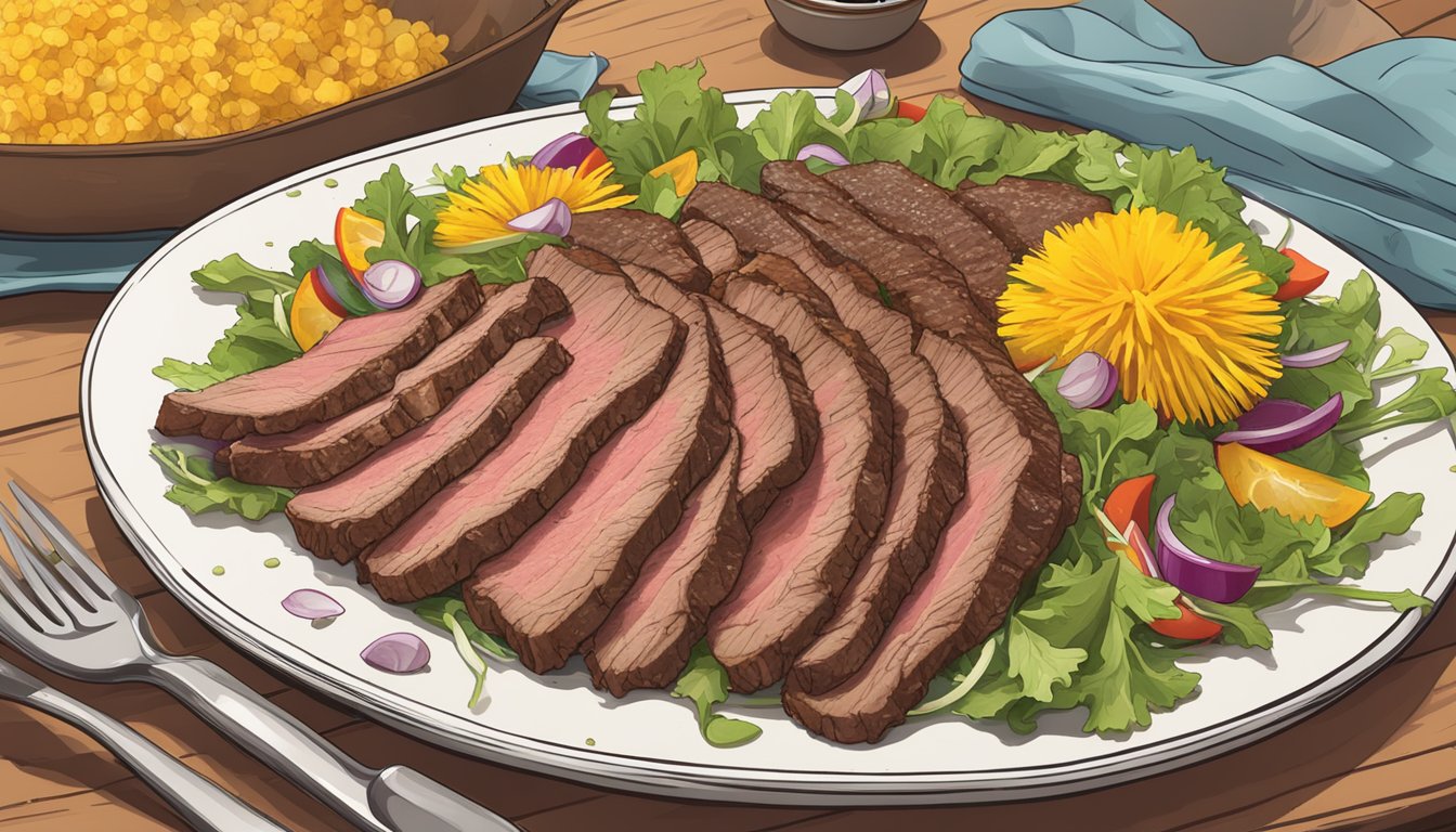 A platter of thinly sliced beef topped with Texas-style seasonings, served alongside a vibrant dandelion salad