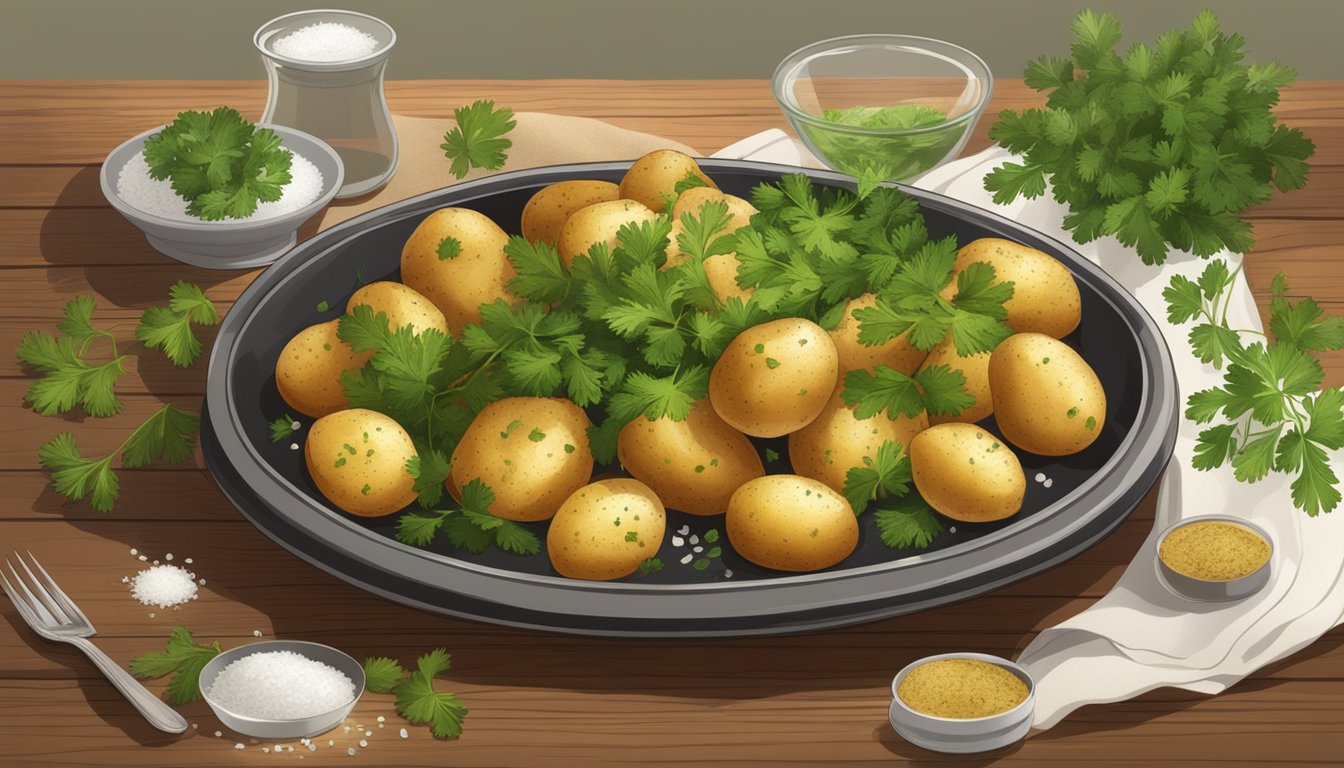 A rustic wooden table with a platter of golden-brown oven roasted parsley potatoes, surrounded by sprigs of fresh parsley and a scattering of sea salt