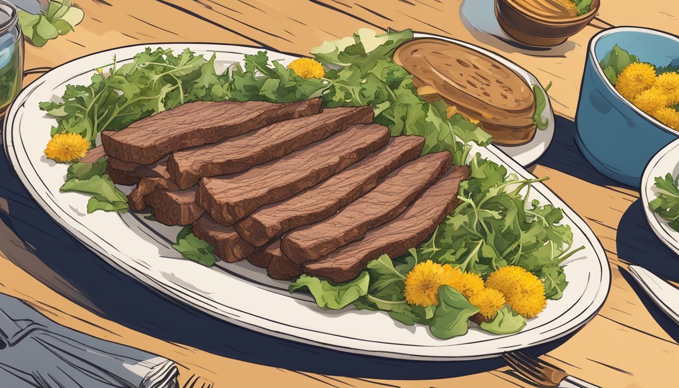 A plate with thinly sliced beef, topped with dandelion salad, surrounded by Texas-themed elements