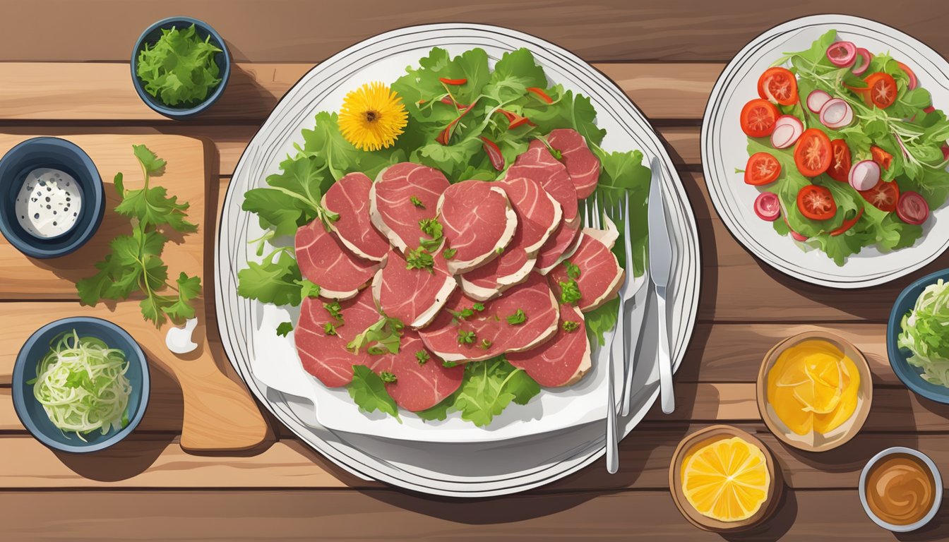 A rustic wooden table set with a platter of thinly sliced beef carpaccio topped with vibrant dandelion salad, accompanied by a selection of complementary sides