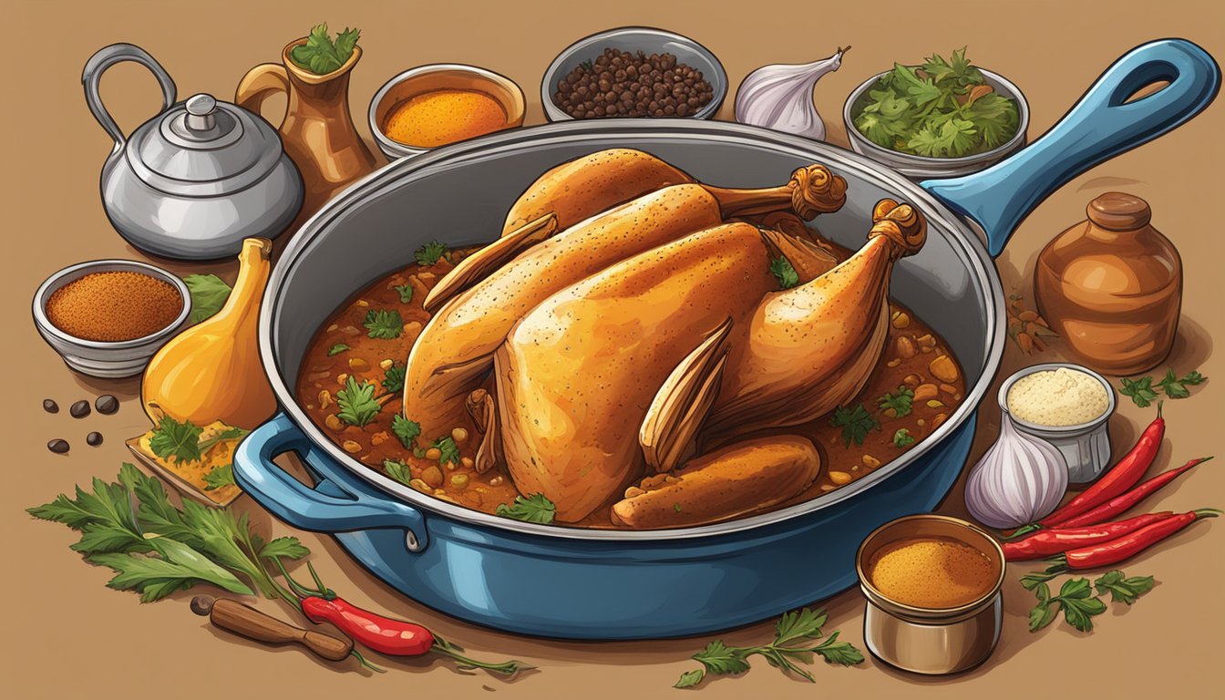 A steaming pot of Texas-style braised country captain chicken, surrounded by colorful spices and ingredients from India to South Carolina