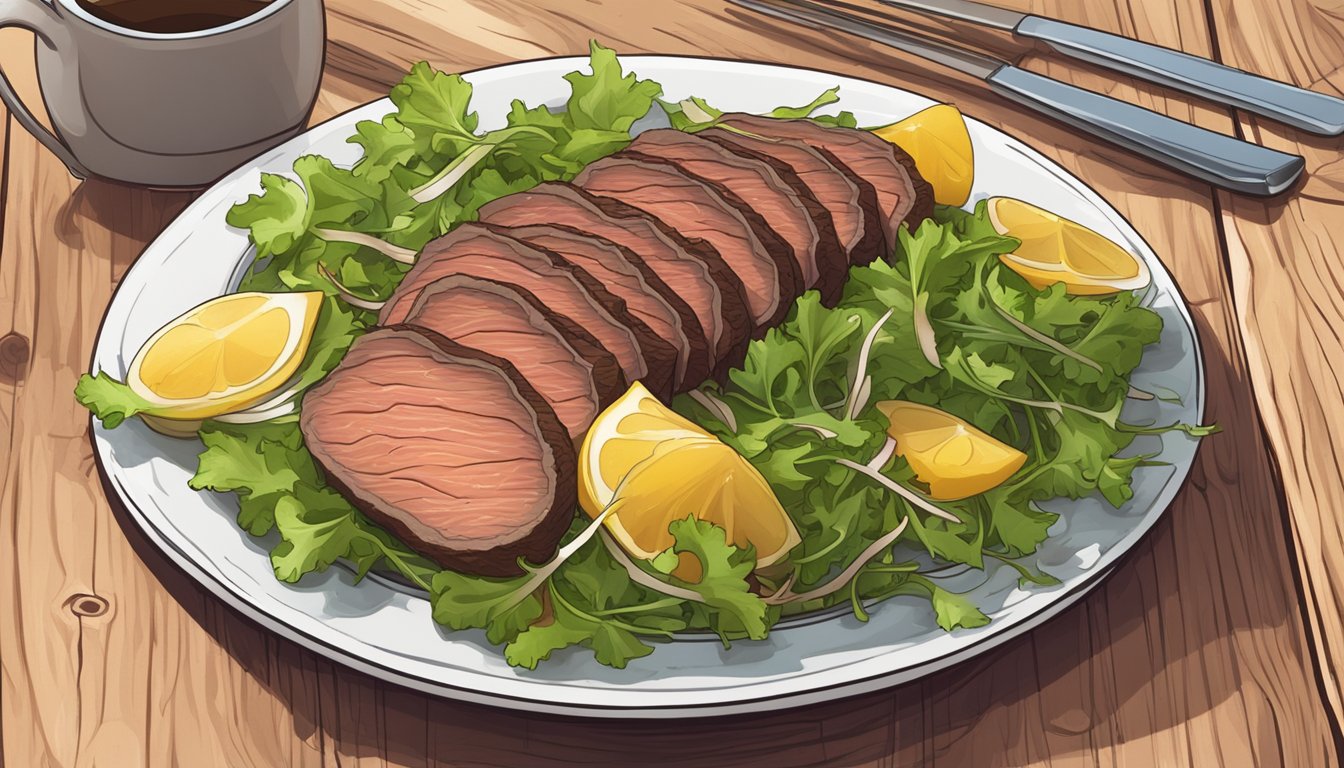 A plate of thinly sliced beef topped with dandelion salad on a wooden table