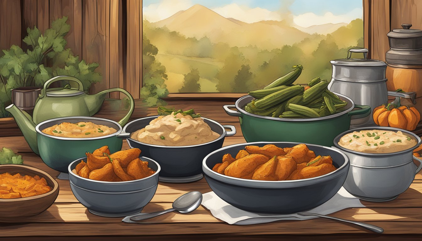 A rustic kitchen table set with a steaming pot of braised country captain chicken alongside bowls of spicy okra and creamy mashed sweet potatoes