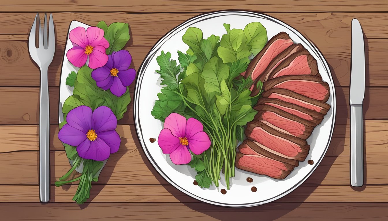 A rustic wooden table set with a plate of thinly sliced beef, topped with fresh greens and vibrant edible flowers