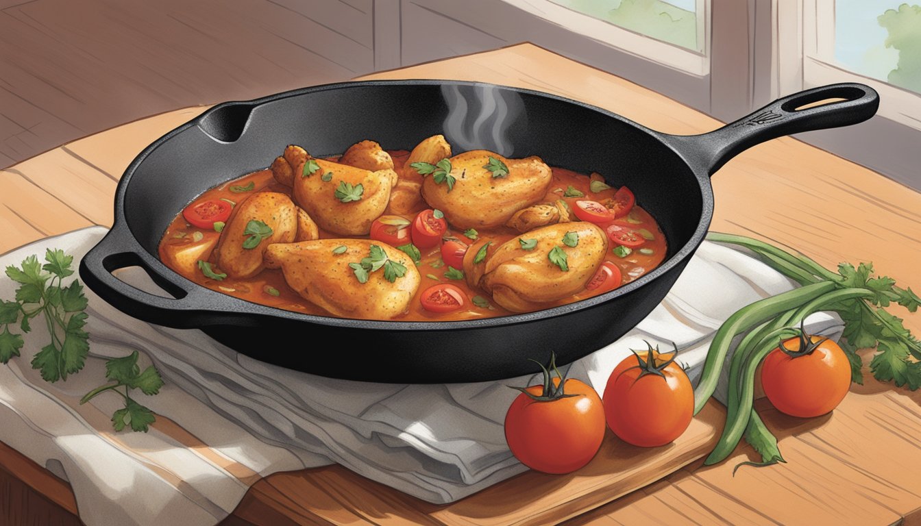 A cast iron skillet sizzles with seasoned chicken, tomatoes, and onions simmering in a rich, fragrant sauce. A hint of smoky paprika and cumin fills the air