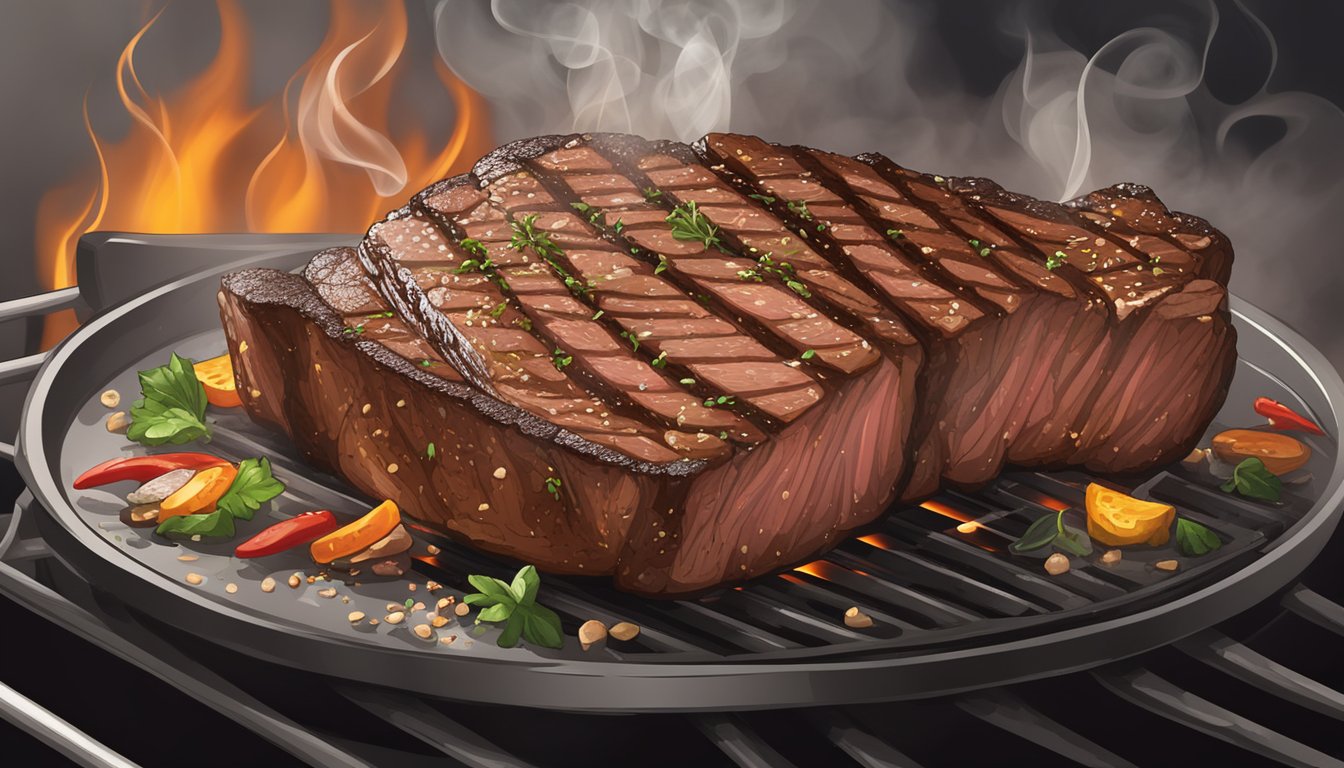 A thick-cut tri tip steak sizzling on a hot grill, surrounded by billowing smoke and the aroma of Texas-style seasoning