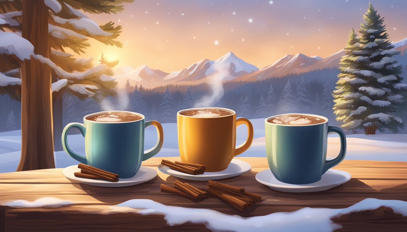 Steaming mugs of spiced cider and hot chocolate sit on a rustic wooden table, surrounded by a cozy Texan winter scene with snow-capped trees and a warm, inviting glow