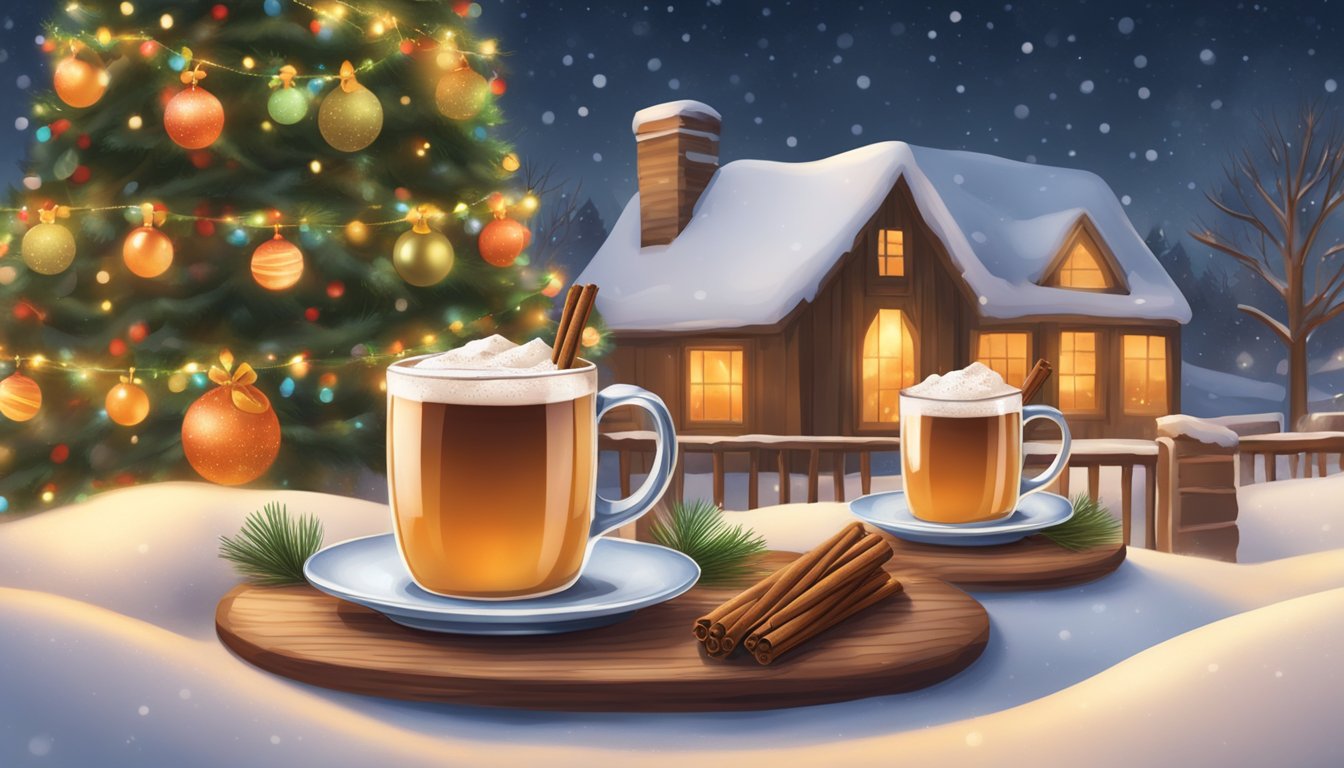 A cozy Texan winter scene with steaming mugs of spiced cider and hot chocolate, surrounded by festive decorations and a warm, inviting atmosphere