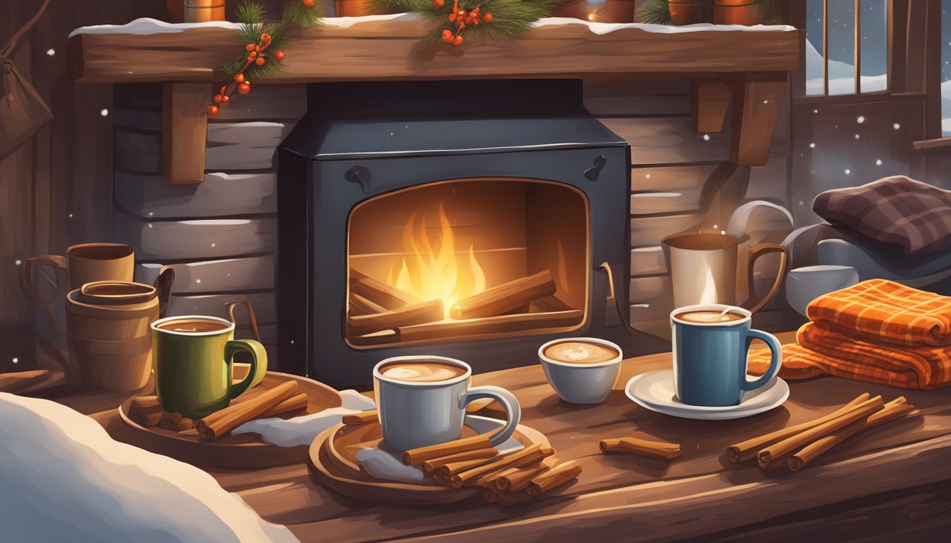 A rustic Texan winter scene with steaming mugs of spiced cider and hot chocolate, surrounded by cozy blankets and a crackling fire