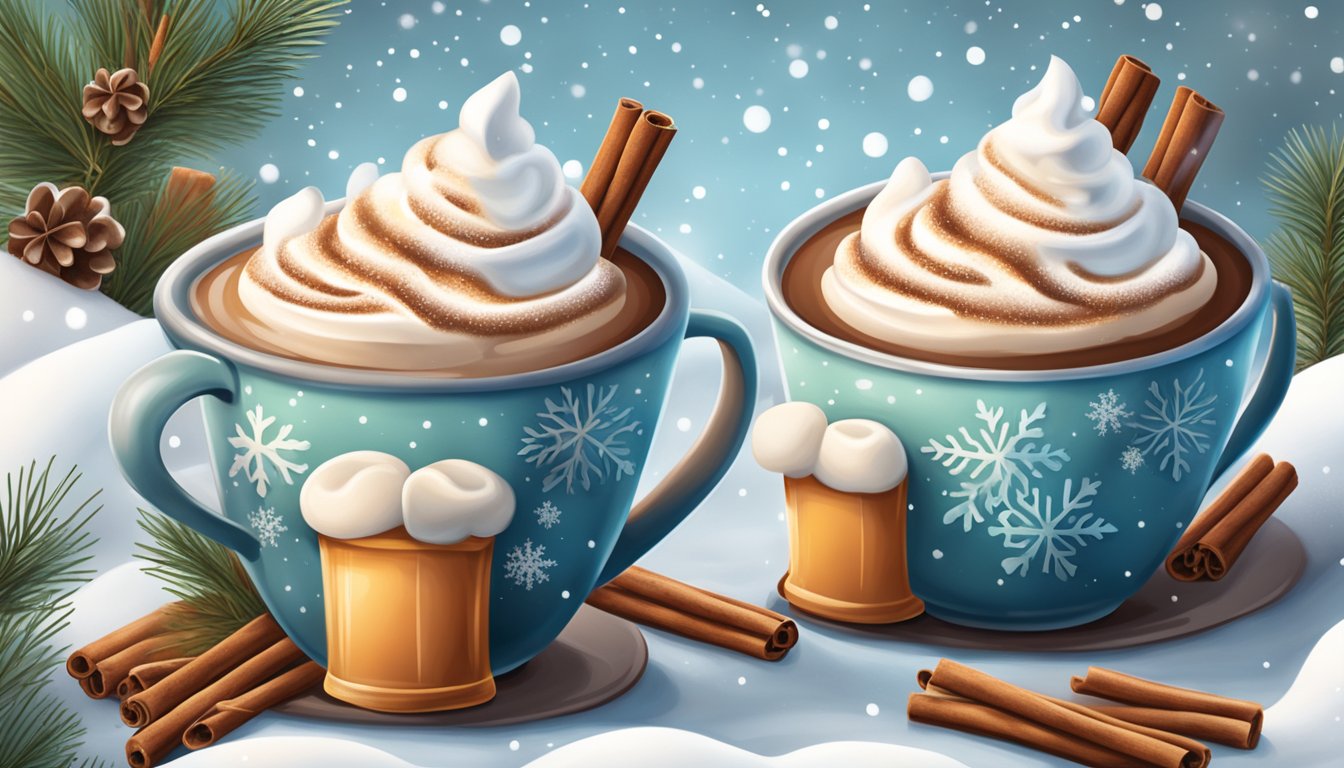 A cozy Texan winter scene with steaming mugs of spiced cider and hot chocolate, adorned with cinnamon sticks, whipped cream, and marshmallows