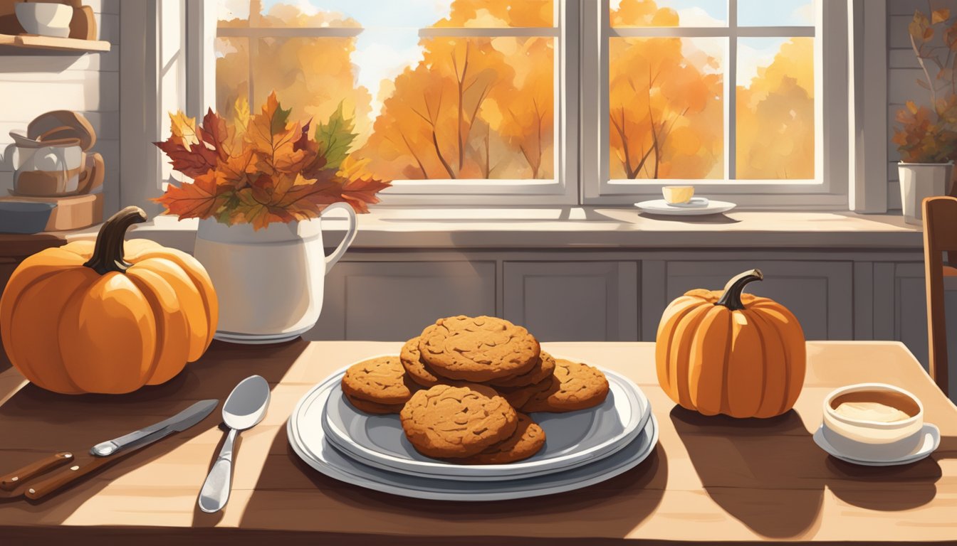 A rustic kitchen table with a plate of soft, chewy pumpkin spice cookies surrounded by fall-themed decor and warm Texas sunlight streaming through the window