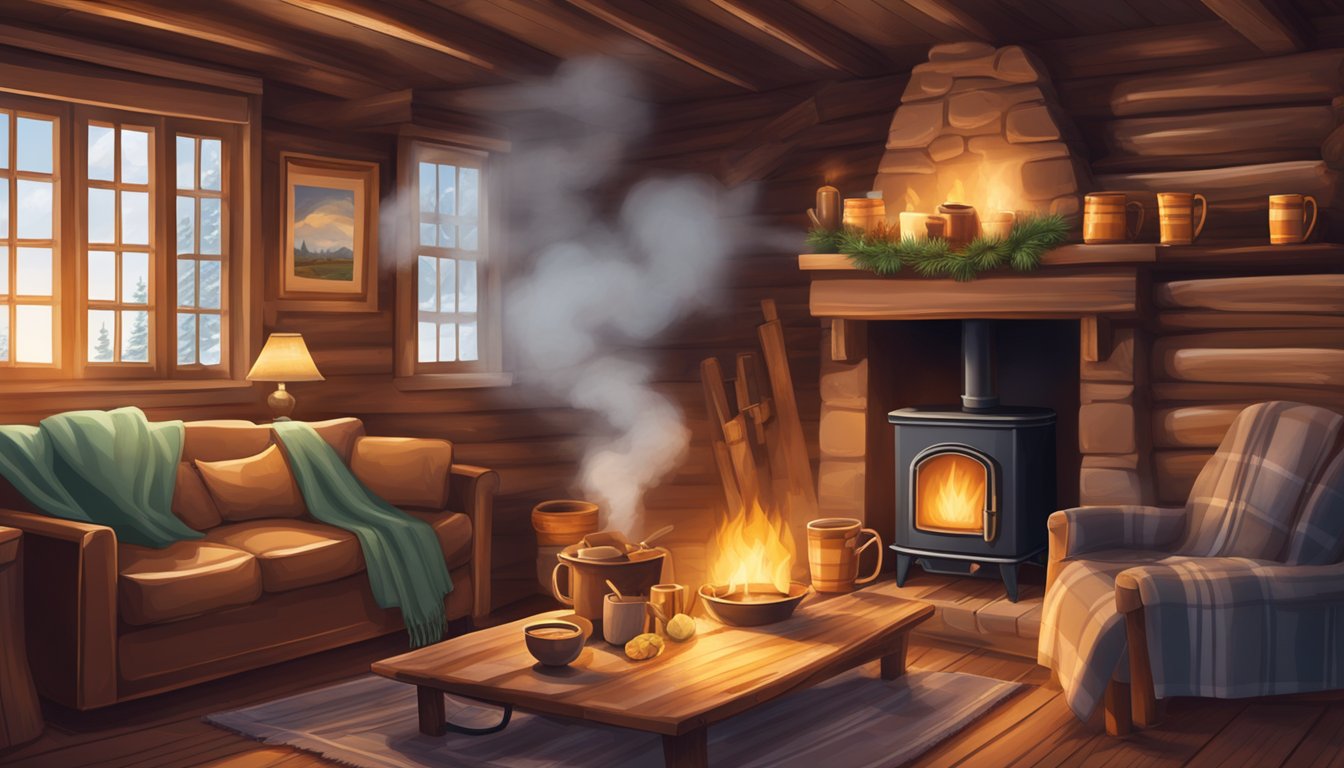 Steam rising from mugs of spiced cider and hot chocolate, surrounded by cozy blankets and a crackling fireplace in a rustic Texas cabin