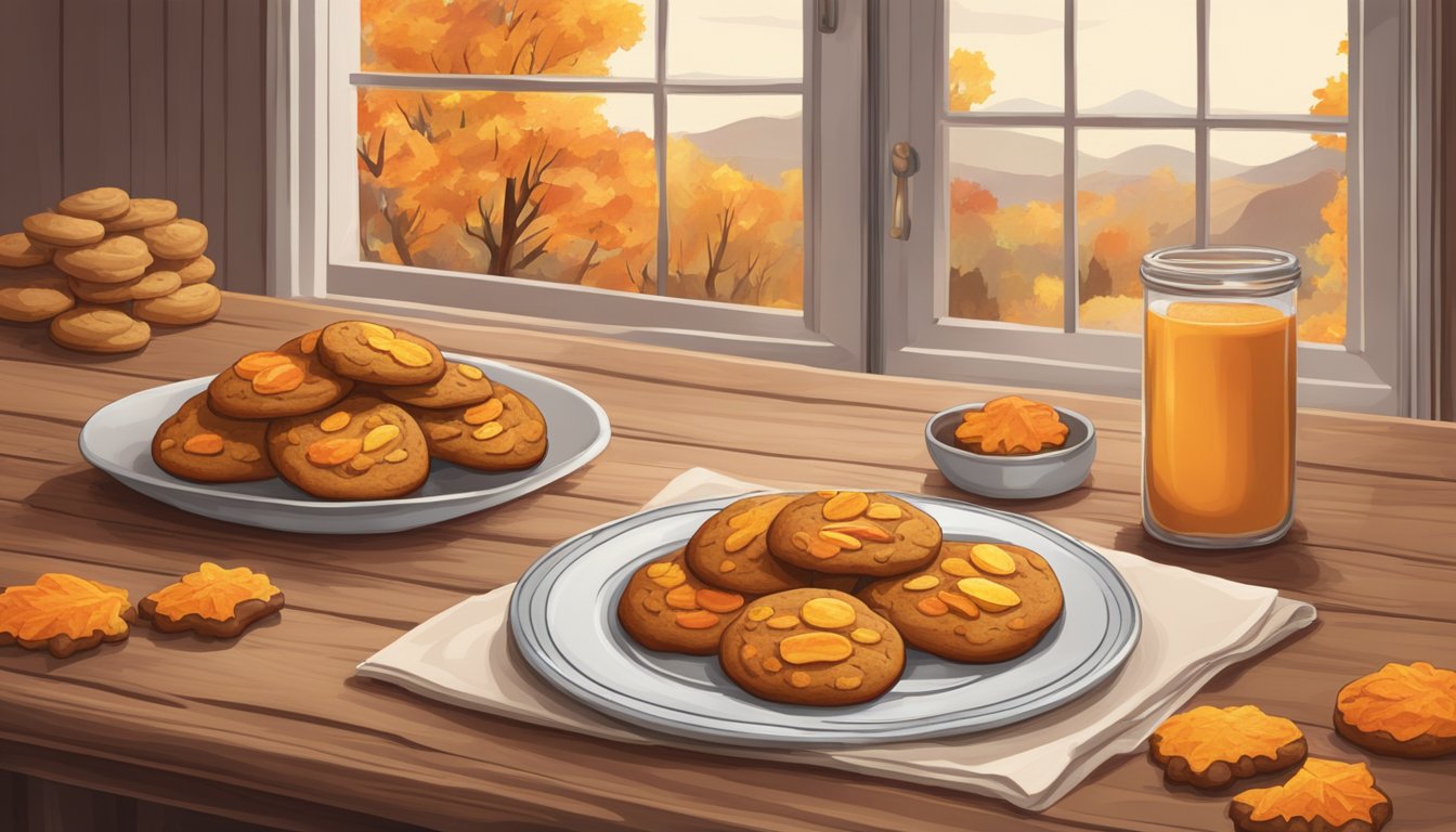 A rustic kitchen table adorned with freshly baked pumpkin spice cookies, emitting a warm, comforting aroma