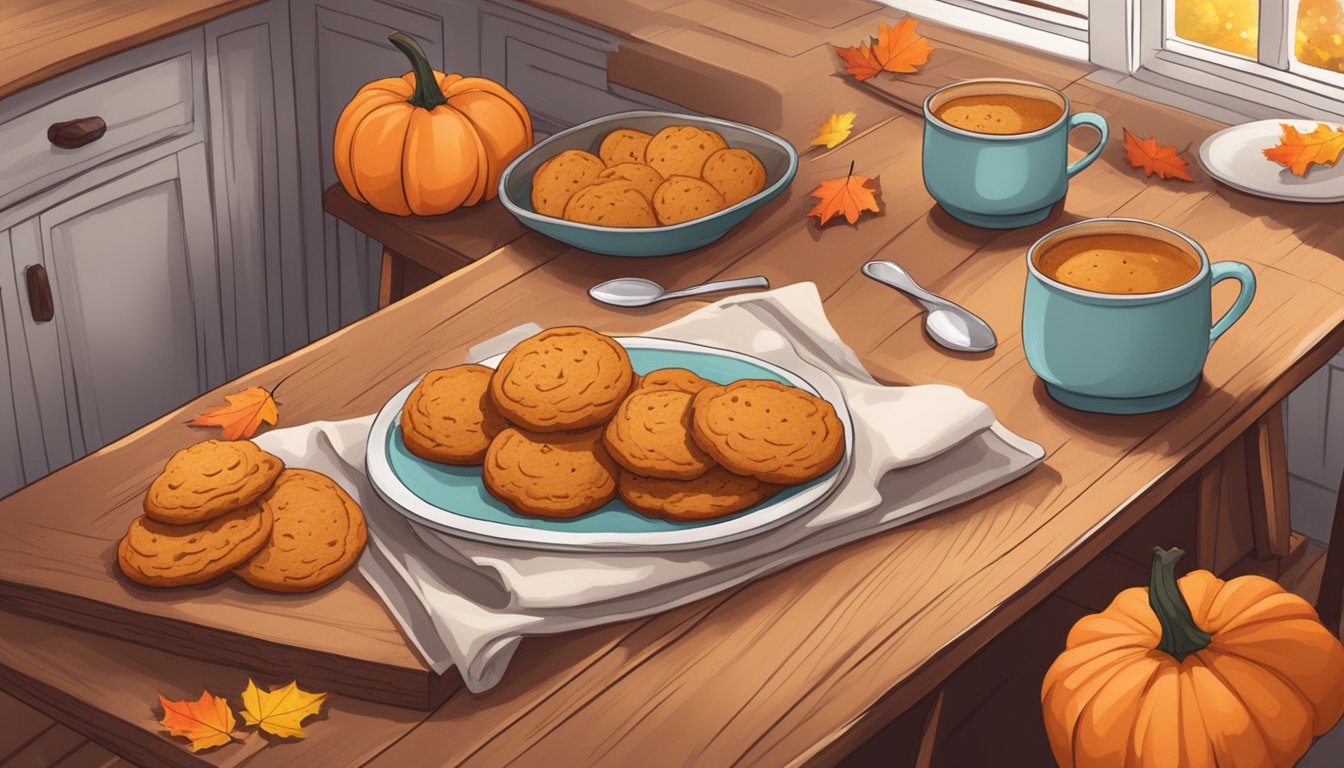 A rustic kitchen table adorned with freshly baked pumpkin spice cookies, surrounded by warm spices and a cozy fall ambiance