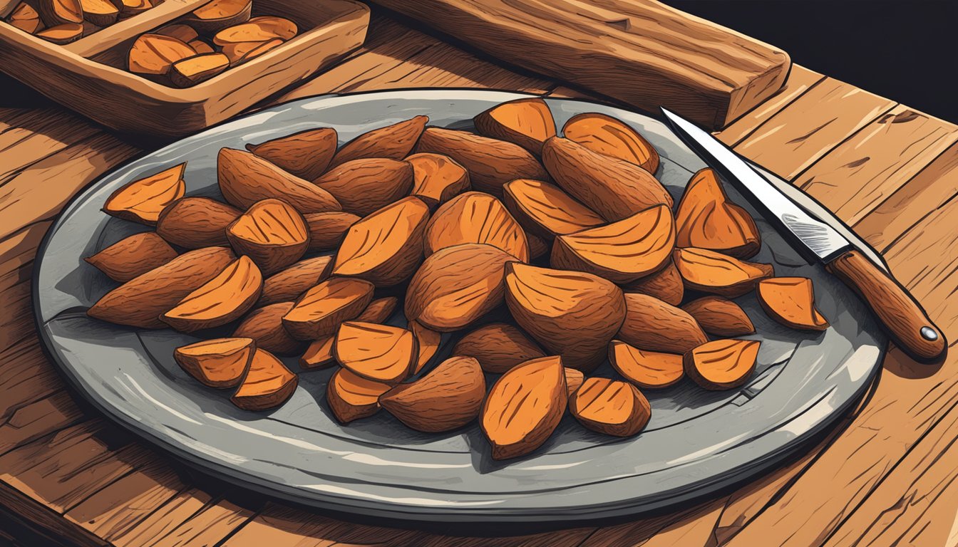 A rustic kitchen counter with a pile of Texas sweet potatoes, a knife, and a cutting board, ready to be sliced into fries