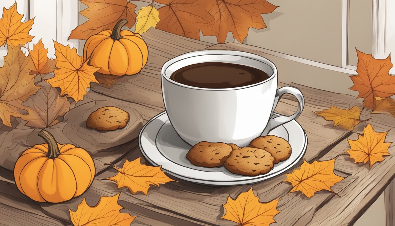 A rustic kitchen table adorned with freshly baked pumpkin spice cookies, surrounded by autumn leaves and a warm mug of coffee