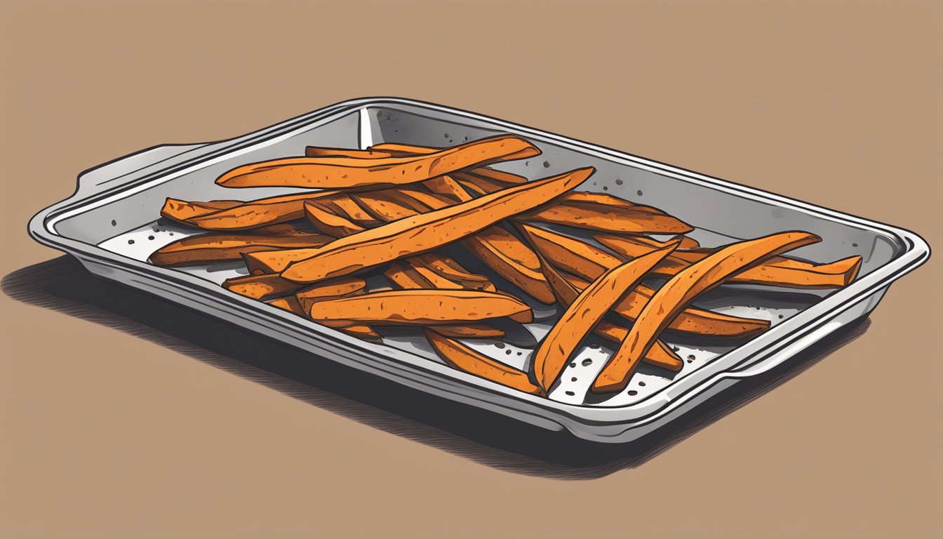 A baking sheet lined with sweet potato fries, sprinkled with Texas-style seasoning, ready to be placed in the oven