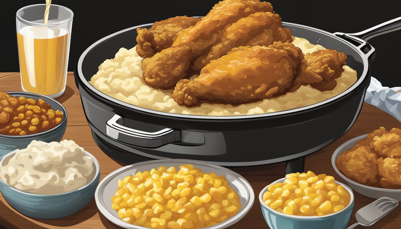 A sizzling skillet holds golden-fried chicken smothered in rich, creamy gravy. A side of fluffy mashed potatoes and steaming corn completes the Texas-style feast