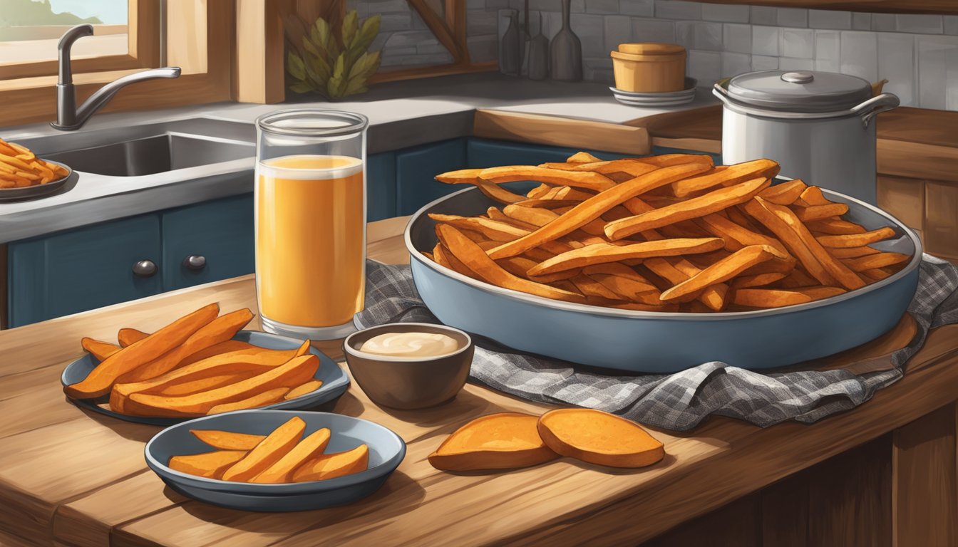 A rustic kitchen with a tray of perfectly golden sweet potato fries fresh out of the oven, surrounded by Texas-themed decor